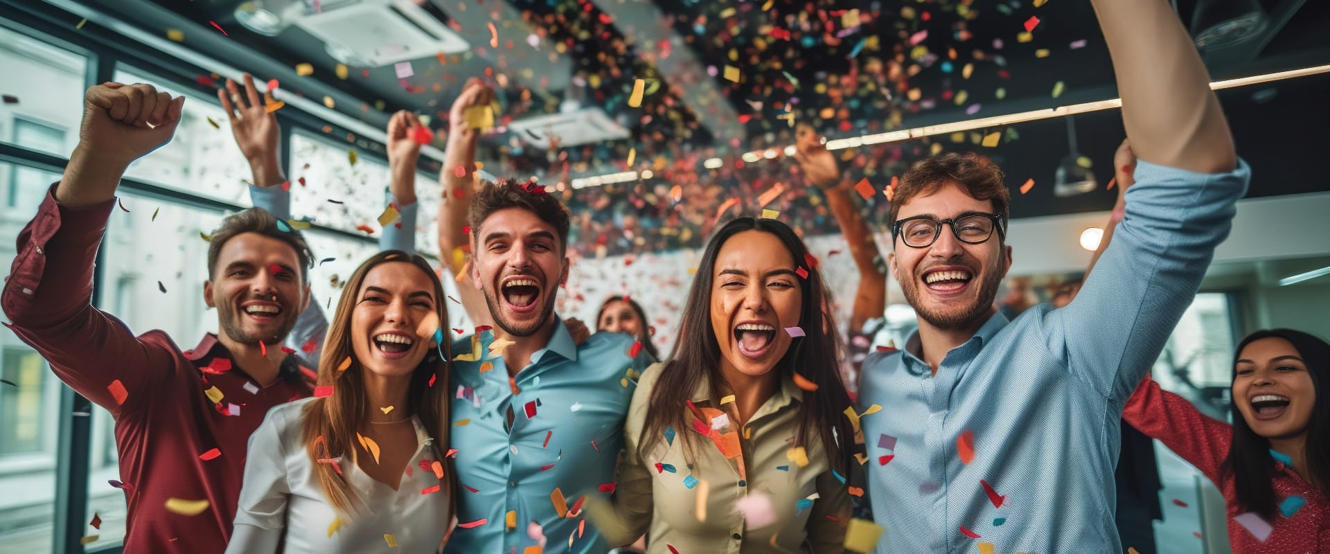 Happy diverse employees team celebrating success business achievement among confetti.