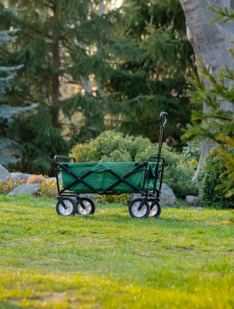 Bollerwagen in einem Garten bei Sonnenuntergang