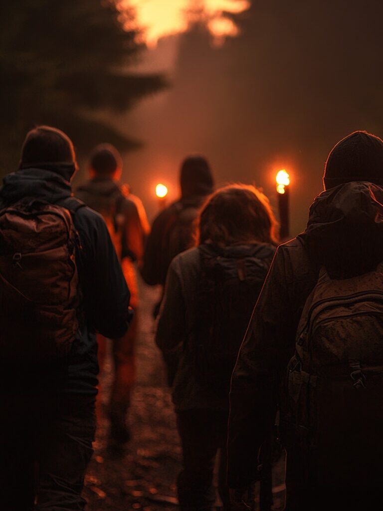 Hikers Walking Through a Forest with Torches at Sunset, Silhouetted Against Golden Light