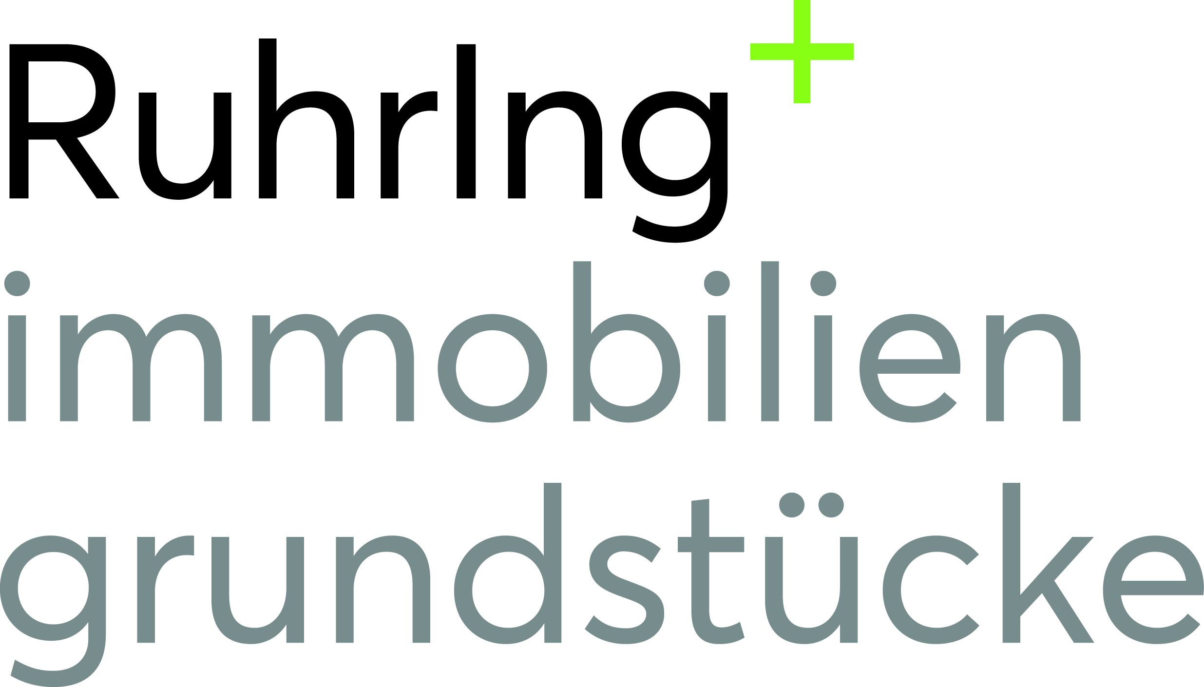 Logo mit Text "RuhrIng immobilien grundstücke" in grau, "+" in grün; modernes Design.