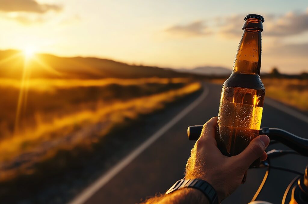 Eine Hand hält eine Bierflasche über dem Fahrradlenker auf einer Landstraße bei Sonnenuntergang, was Entspannung und Abenteuer symbolisiert.