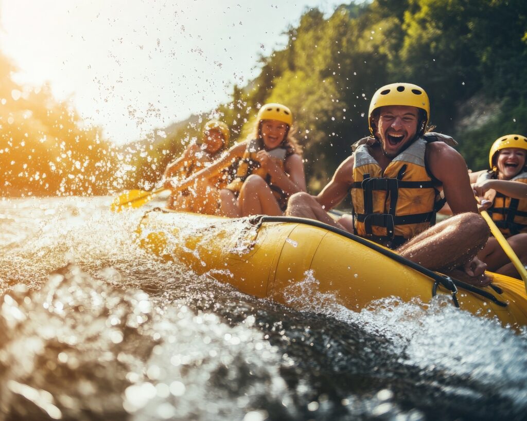 Eine Gruppe von Menschen auf einem gelben Floß in den Stromschnellen, lachend und das aufregende Abenteuer genießend, fängt die Aufregung und den Spaß des Wildwasser-Raftings ein.