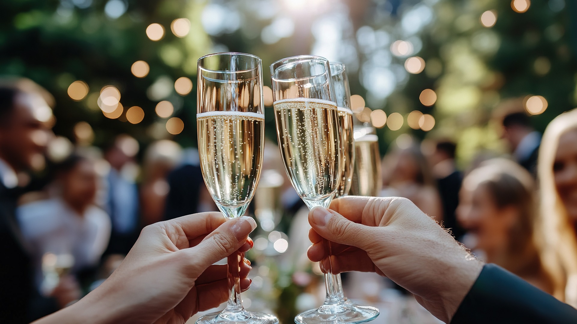 Nahaufnahme von Händen, die elegante Champagnerflöten halten, während eines lebhaften gesellschaftlichen Ereignisses, das die freudige Atmosphäre des Feierns unter Kollegen bei einer Zusammenkunft im Freien einfängt