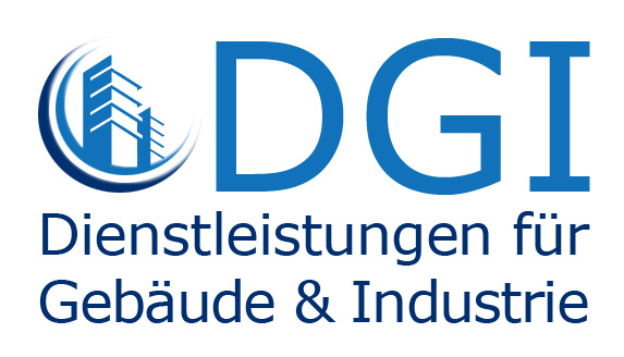 DGI-Logo, blaue Buchstaben, Symbol eines Gebäudes im Halbkreis, Text: "Dienstleistungen für Gebäude & Industrie".