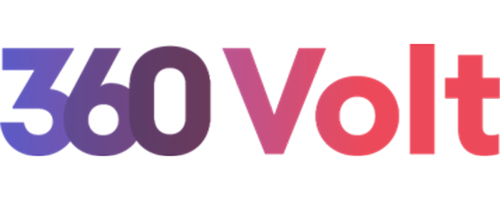 Logo von 360 Volt in lila und roten Farbverlauf mit elegantem Schriftzug
