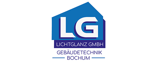 Blaues Logo der Lichtglanz GmbH Gebäudetechnik Bochum mit weißen Buchstaben.