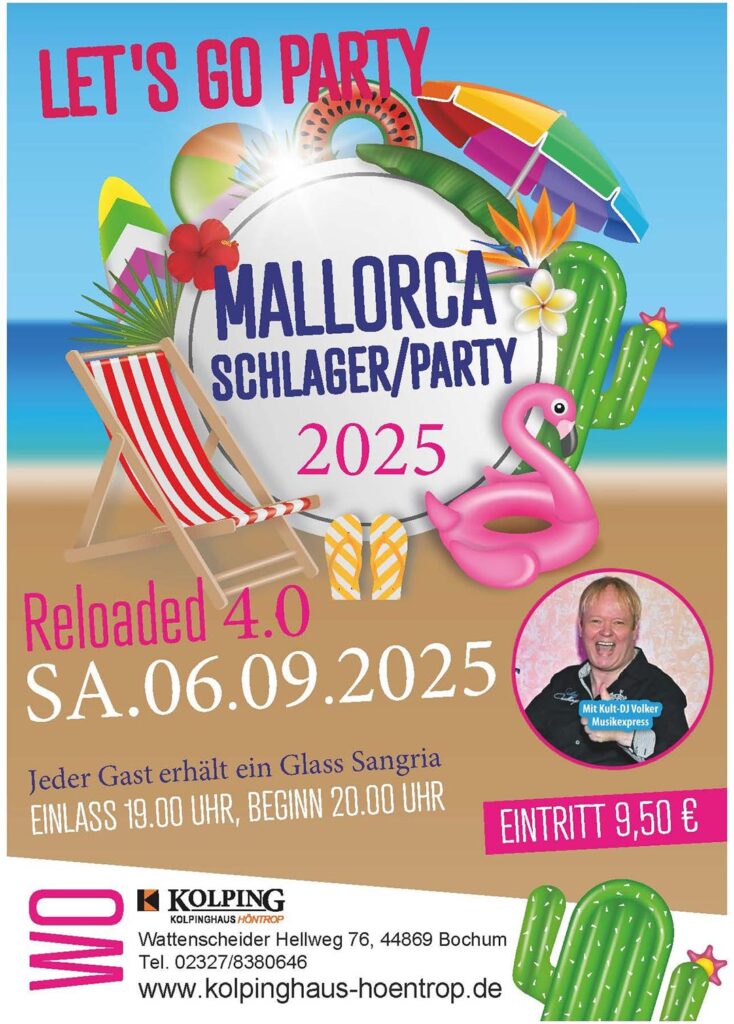Buntes Plakat mit Party-Details, Flamingo und fröhlichem Mann in der Ecke.
