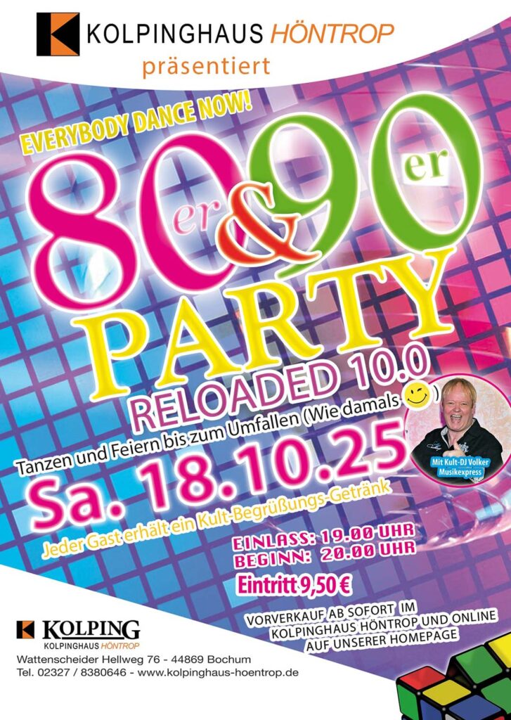 Bunter Party-Flyer mit Disco-Motiven und großem "80er & 90er" Text.