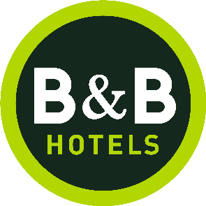 Das B&B Hotels Logo mit weißen Buchstaben auf grünem Hintergrund.