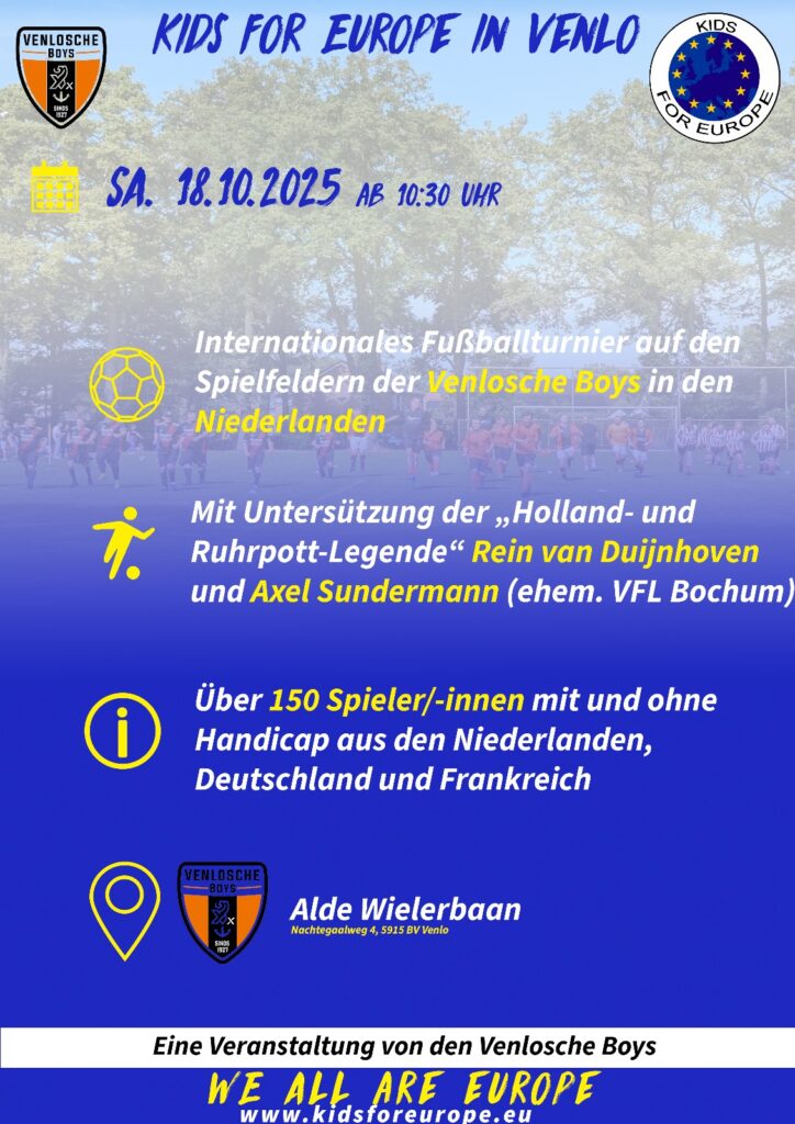 Buntes Fußballplakat für Kids for Europe mit Logos, Veranstaltungsinfos und gelbem Text. Samstag 18.10.2025 ab 10:30 Uhr