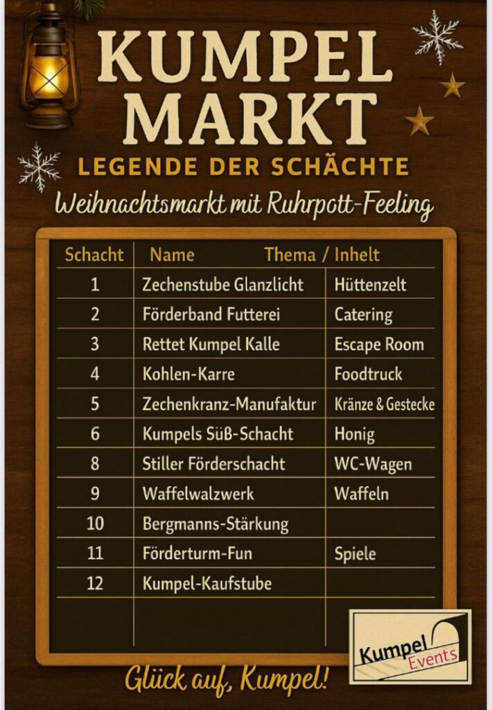 Tafel mit festlicher Weihnachtsmarkt Übersicht, goldener Schrift und holzfarbenem Hintergrund
