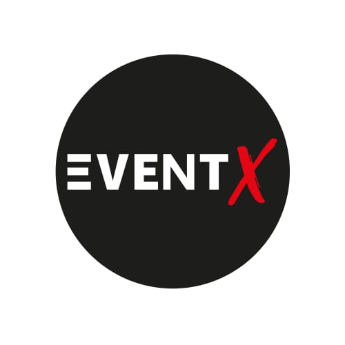 Ein schwarzer Kreis mit weißem Schriftzug EVENT und einem roten X am Ende