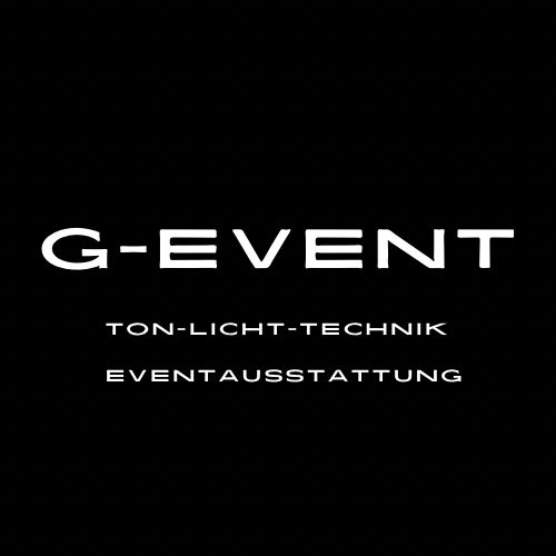 Schwarzes quadratisches Logo mit weißer Schrift G-EVENT und technischen Begriffen