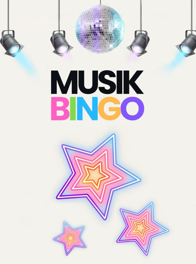 Ein bunter Musik-Bingo-Schriftzug mit Discokugel und leuchtenden Sternen