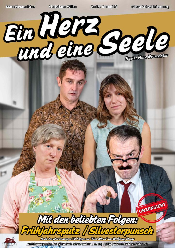 Vier Personen ernst und skeptisch in Küche mit Braun Blau Grün und Rotstempel
